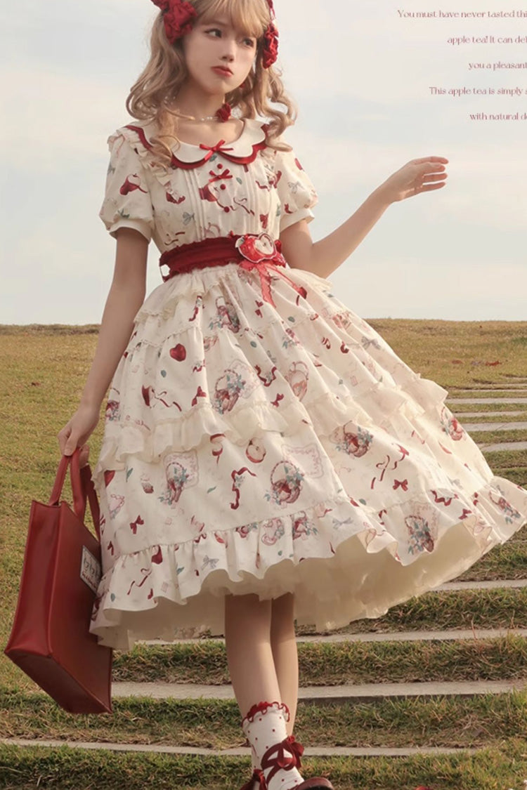 Ivory Apple Tea Print Short-Sleeve Country Ruffle Bow Sweet Lolita Dress Plus Size