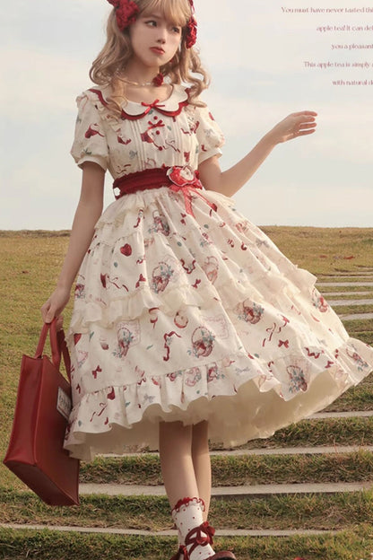Ivory Apple Tea Print Short-Sleeve Country Ruffle Bow Sweet Lolita Dress Plus Size