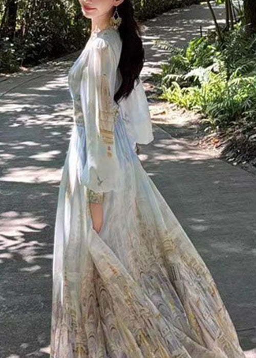 Maxi Chiffon Print Dresses Waist Blue Stylish V Spring High Neck