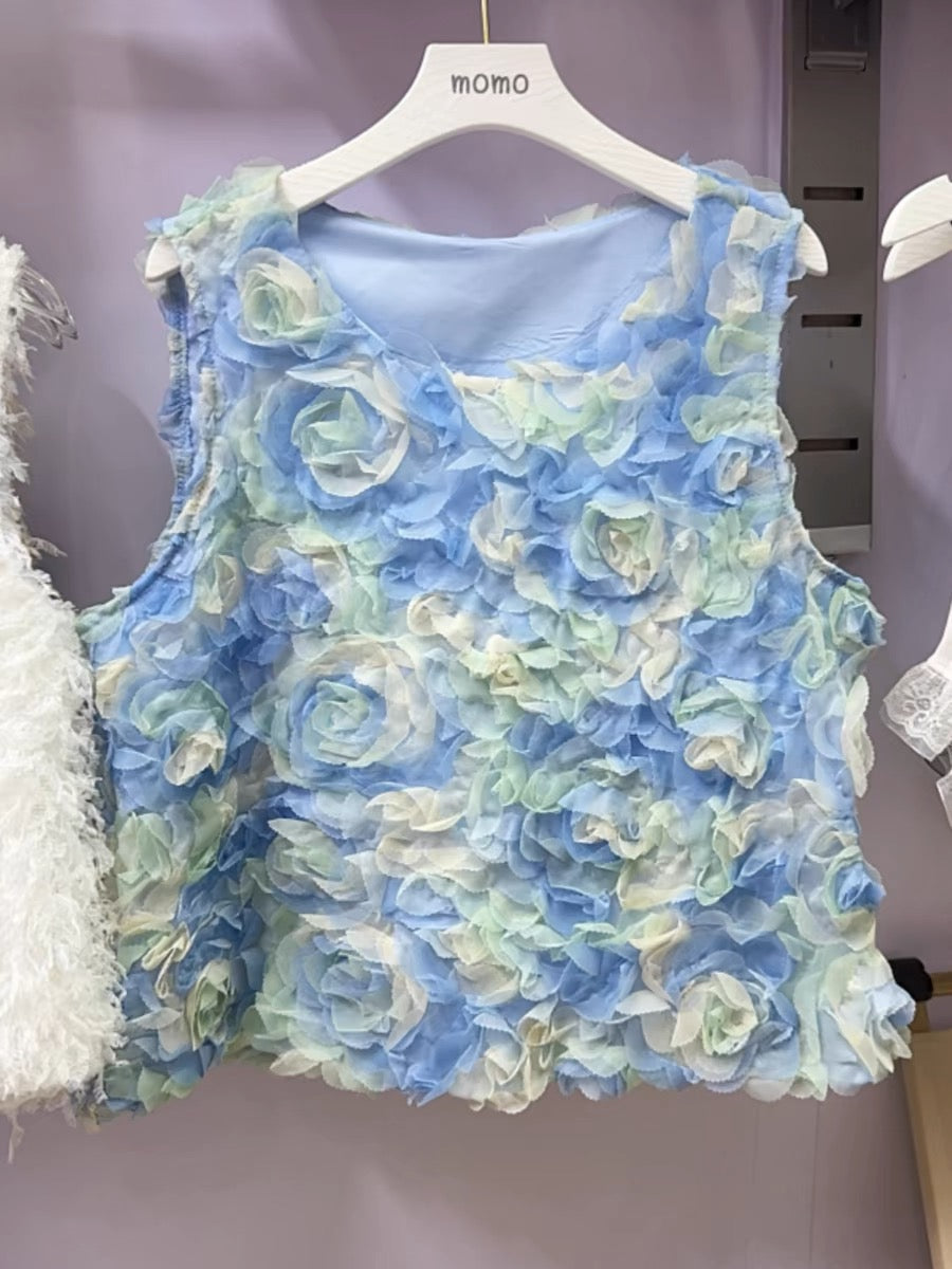 Art Blue Round Neck Gradient Floral Sleeveless Tank AZ1013