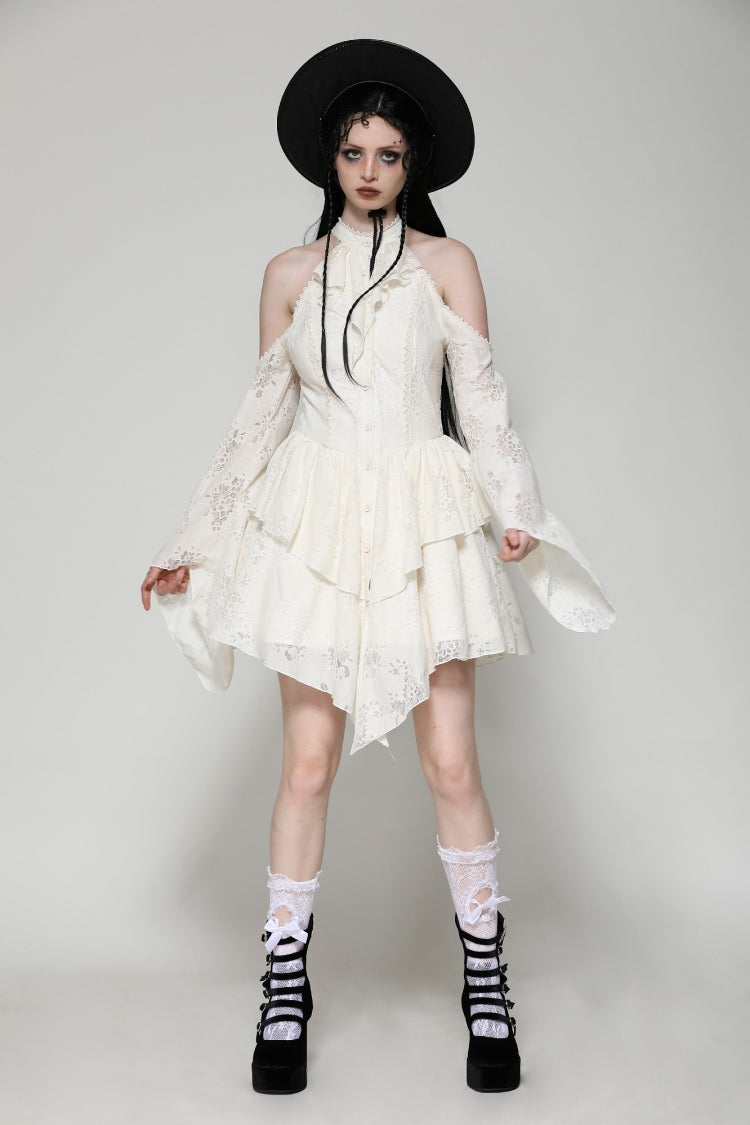 Steampunk Women's Dress with Halter Off-Shoulder Lapel Collar & Flare Sleeves, Cream