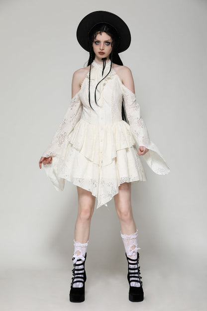 Steampunk Women's Dress with Halter Off-Shoulder Lapel Collar & Flare Sleeves, Cream