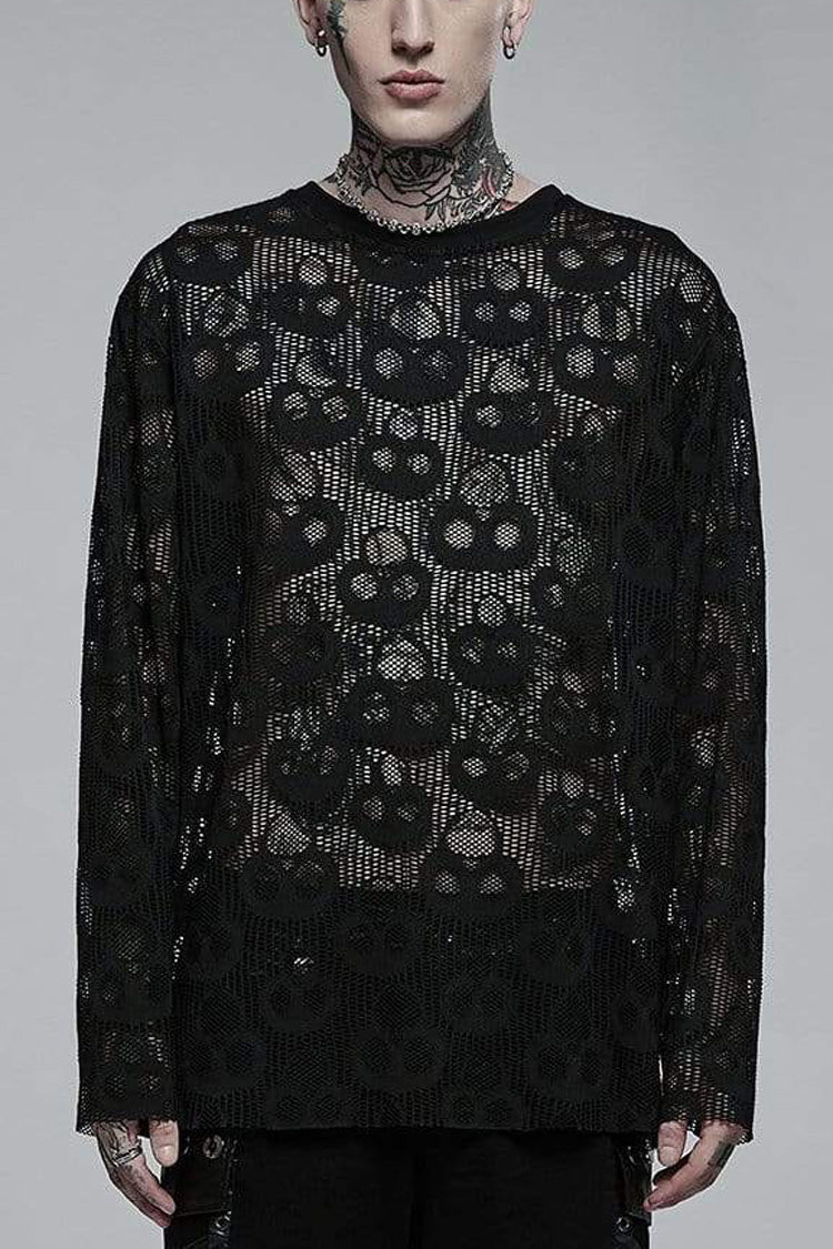 Nocturnal Skull-Print Sheer Mesh Tee for Men with Extended Sleeves