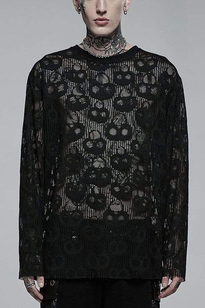 Nocturnal Skull-Print Sheer Mesh Tee for Men with Extended Sleeves