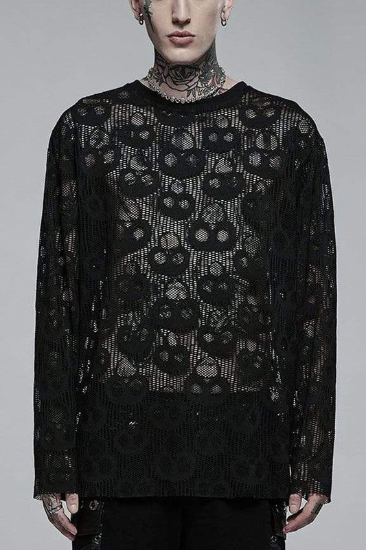 Nocturnal Skull-Print Sheer Mesh Tee for Men with Extended Sleeves