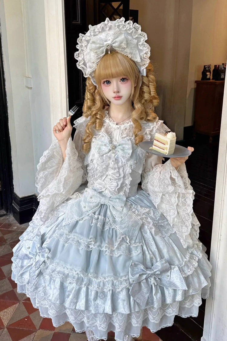 Azure Pearl Veil Doll-Style Sleeveless Ruffled Bow Lace Layered Sweet Lolita Gown