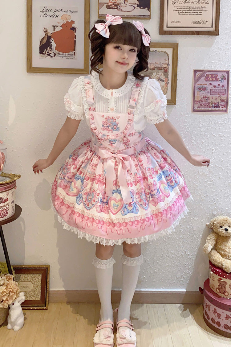Berry Bear Print Pink Bow Stitched Lace Lolita Strap Dress