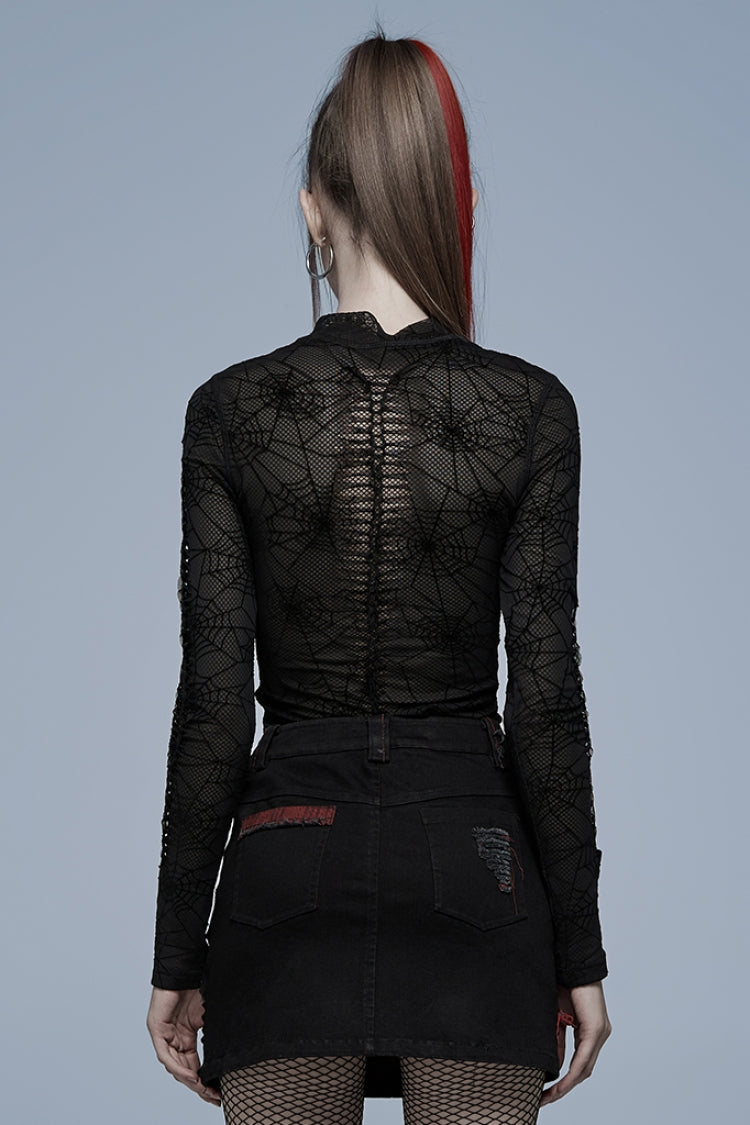 Ebony Long-Sleeve Spider Web Sheer Punk Tee