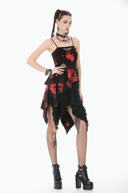 Crimson & Obsidian Sleeveless Irregular Mesh Tie Dye Punk Slip Dress