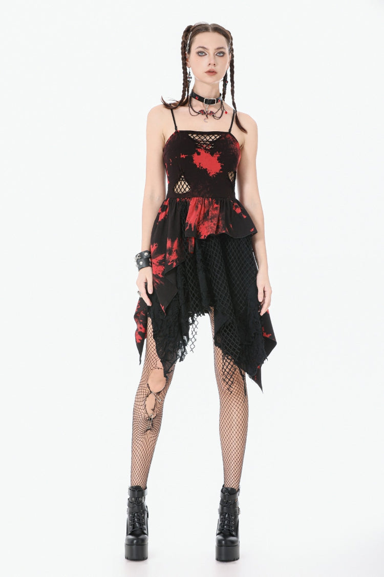 Crimson & Obsidian Sleeveless Irregular Mesh Tie Dye Punk Slip Dress