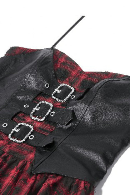 Crimson & Charcoal Tartan Leather Multi-Tier Ruffled Punk Sweetcore Slip Dress