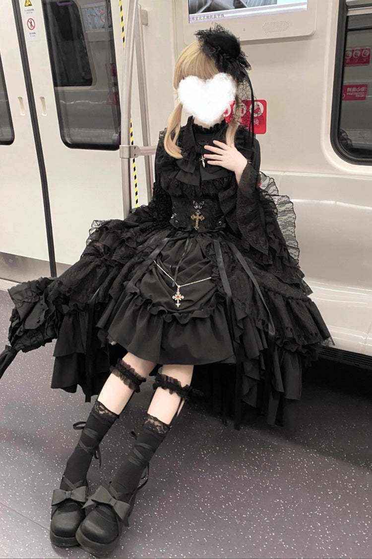Gothic Lolita Skirt Dress Set with Long Hime Sleeves and Bow in Black