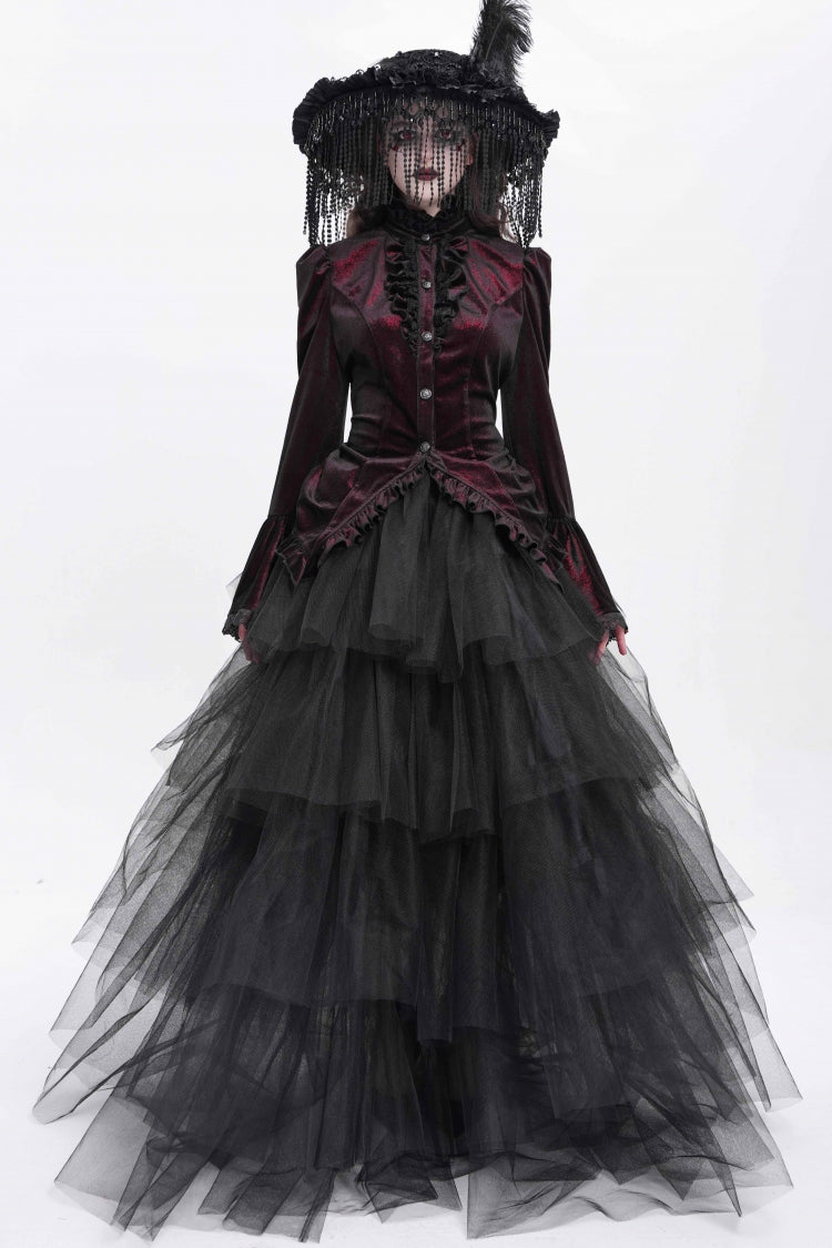 Crimson High-Neck Gothic Ruffled Blouse with Flared Sleeves and Tail Hem