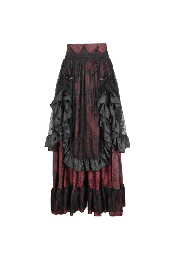 Crimson & Obsidian Ruffle Lace Drawstring Gothic Skirt