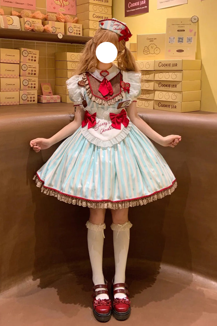 Emerald Jenny's Chocolate Striped Ruffle Bow Short-Sleeve Dress