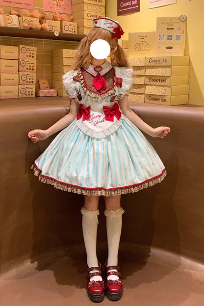 Emerald Jenny's Chocolate Striped Ruffle Bow Short-Sleeve Dress