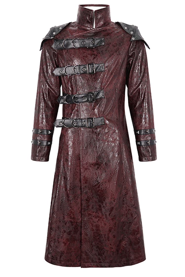 Crimson High-Neck Punk Leather-Look Long Coat with Multiple Buckles