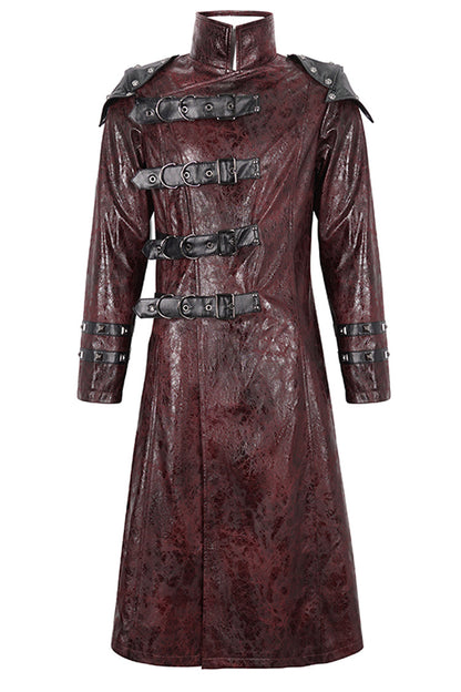 Crimson High-Neck Punk Leather-Look Long Coat with Multiple Buckles