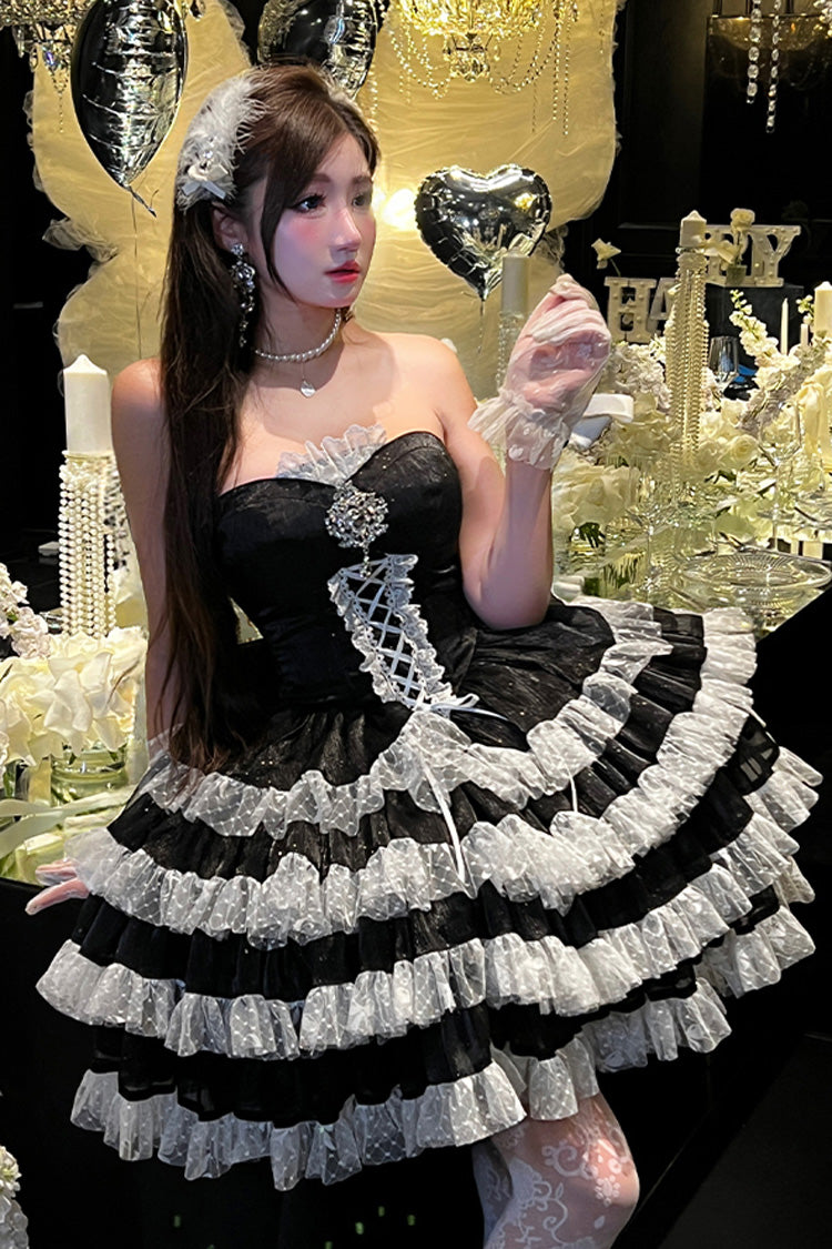 Ebony Off-Shoulder Sleeveless Tiered Bow Lace Princess Gown - Heartbeat at First Sight