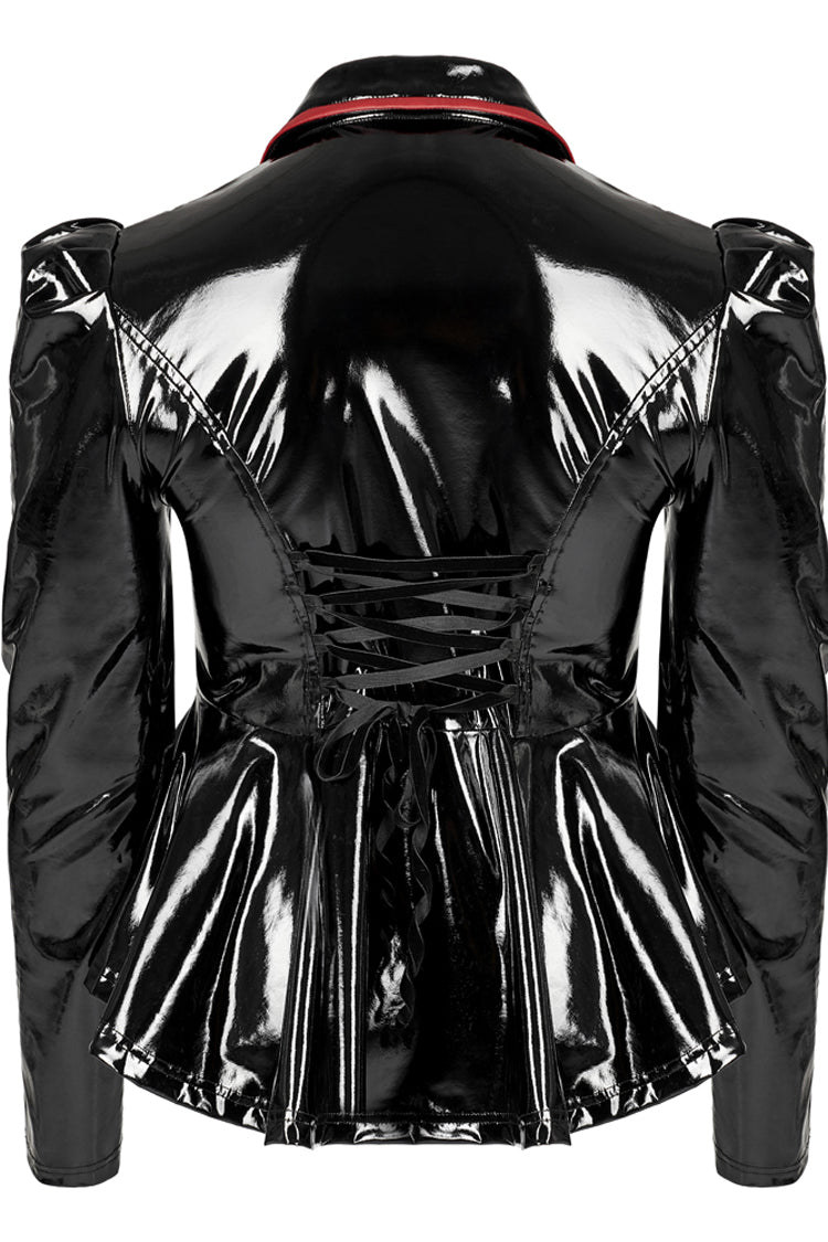 Crimson & Charcoal Patent Leather Lapel Pleated Slim Faux Leather Long Sleeve Punk Jacket