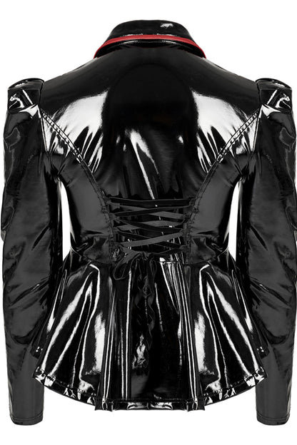 Crimson & Charcoal Patent Leather Lapel Pleated Slim Faux Leather Long Sleeve Punk Jacket