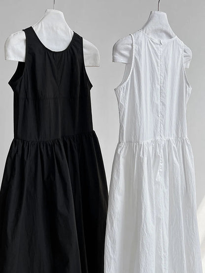 Patchwork O-neck Dress Simple Sleeveless Blue Puff Hem