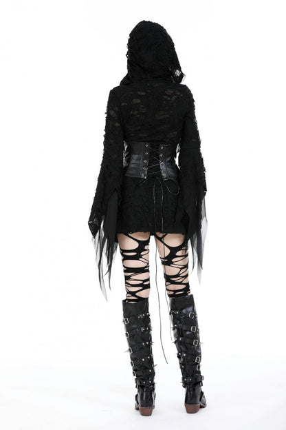 Women's Gothic Hooded Slim Dress with Evil Devil Theme and Flared Sleeves