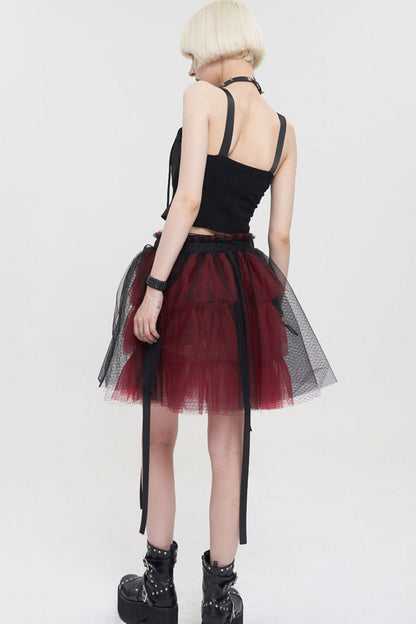 Crimson & Charcoal Punk Mesh Ruffle Rocker Mini Skirt