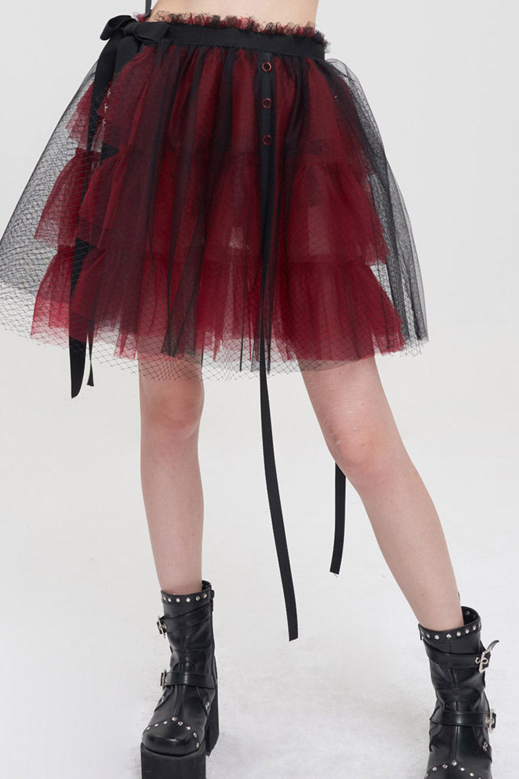 Crimson & Charcoal Punk Mesh Ruffle Rocker Mini Skirt