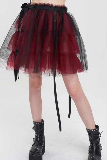 Crimson & Charcoal Punk Mesh Ruffle Rocker Mini Skirt