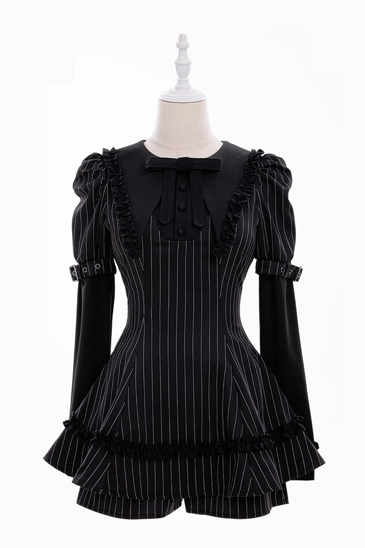 Ebony Long-Sleeve Striped Ruffle Bow Jirai Kei Witch Set