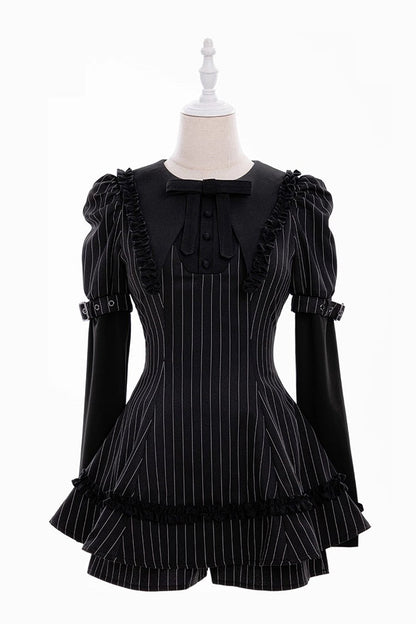 Ebony Long-Sleeve Striped Ruffle Bow Jirai Kei Witch Set