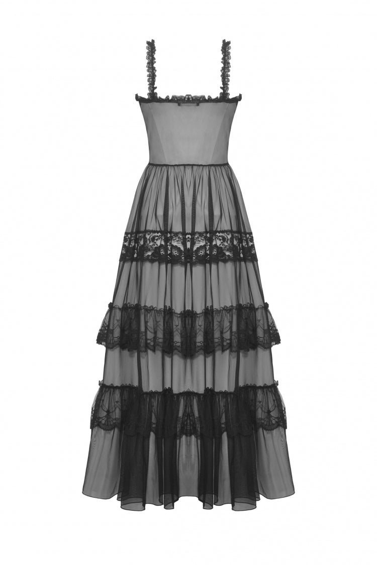 No-Sleeve Layered Lace Sheer Mesh Gothic Slip Gown