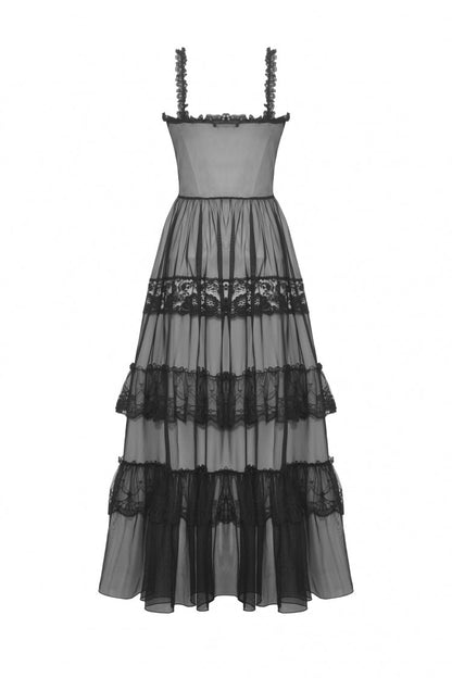 No-Sleeve Layered Lace Sheer Mesh Gothic Slip Gown