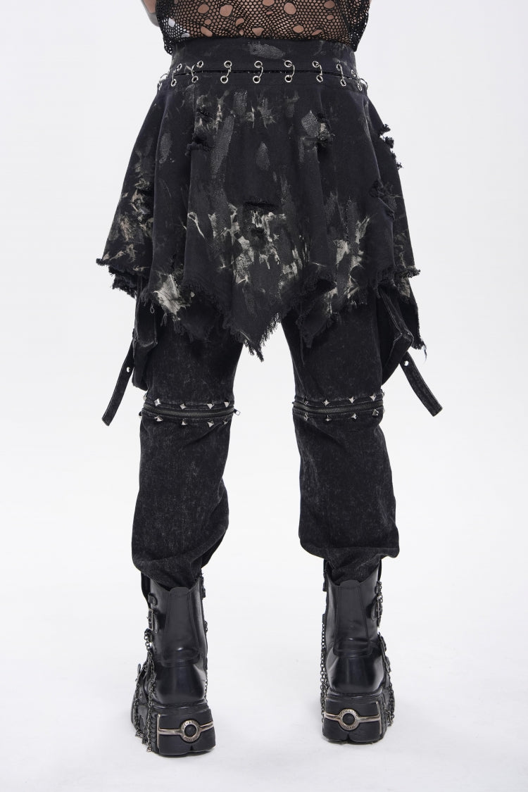 Punk Skirt for Men with Black Irregular Ripped Buckled Pleated Chain Design