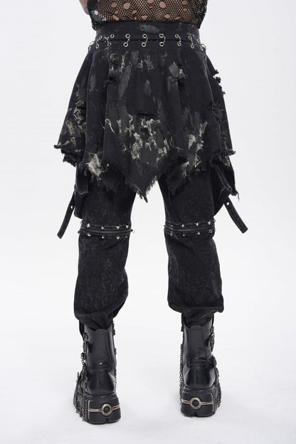Punk Skirt for Men with Black Irregular Ripped Buckled Pleated Chain Design