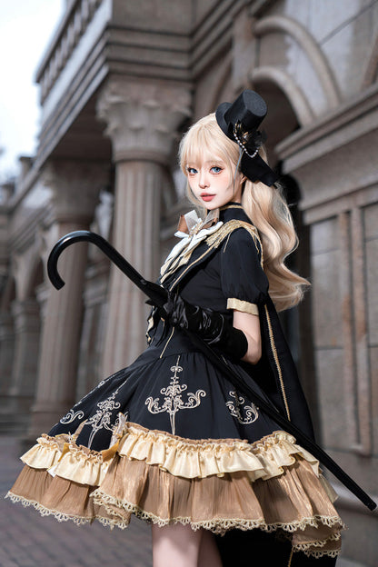 Ebony Short-Sleeve Double-Layered Embroidered Bow Gothic Dress - Gilded Oath