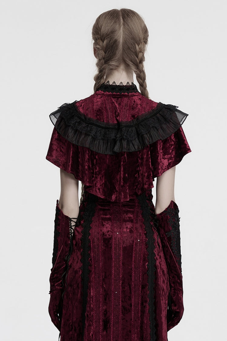 Crimson Sleeveless Gothic Cape with Ruffled Lace Trim