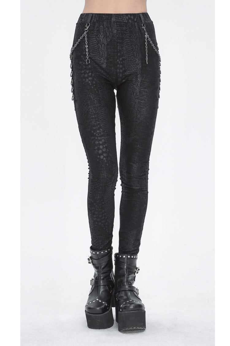 Women's Punk Pants with Stitching Lace and Print in Black Jacquard