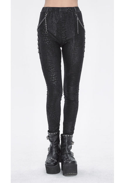 Women's Punk Pants with Stitching Lace and Print in Black Jacquard