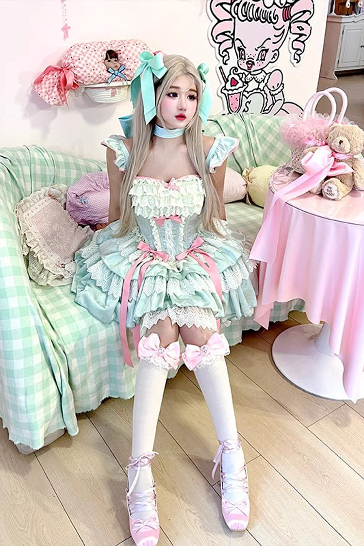 Emerald Mint Multi-Layered Ruffle Bow Lace Ballet Sweet Dress