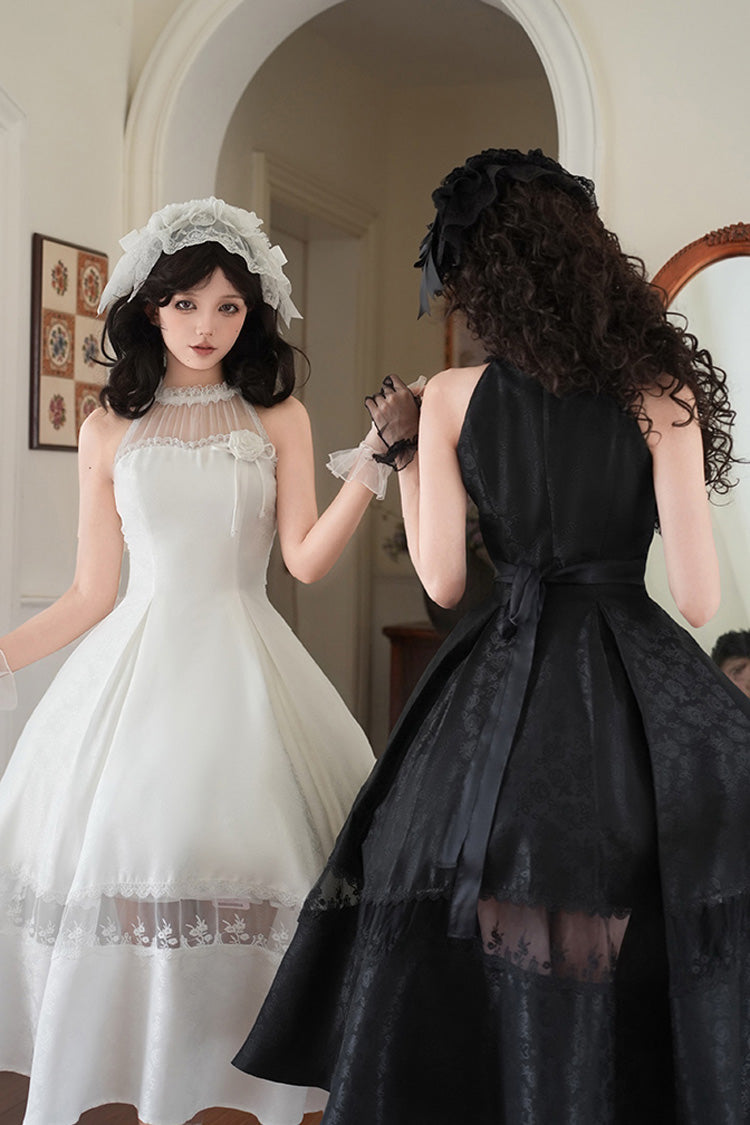 Elegant Lolita Dress with Off-Shoulder Neckline and Ruffle Print in Black