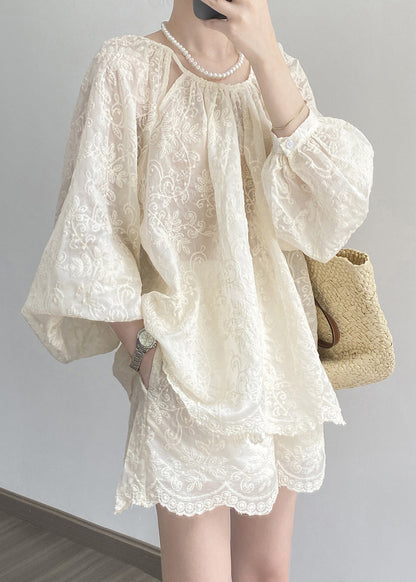 Spring Embroidered And Shorts Set Tops Two Piece Beige Art Cotton
