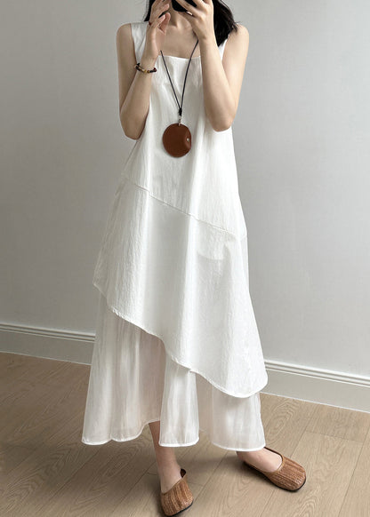 Collar Patchwork Solid Cotton Long White Square New Dresses