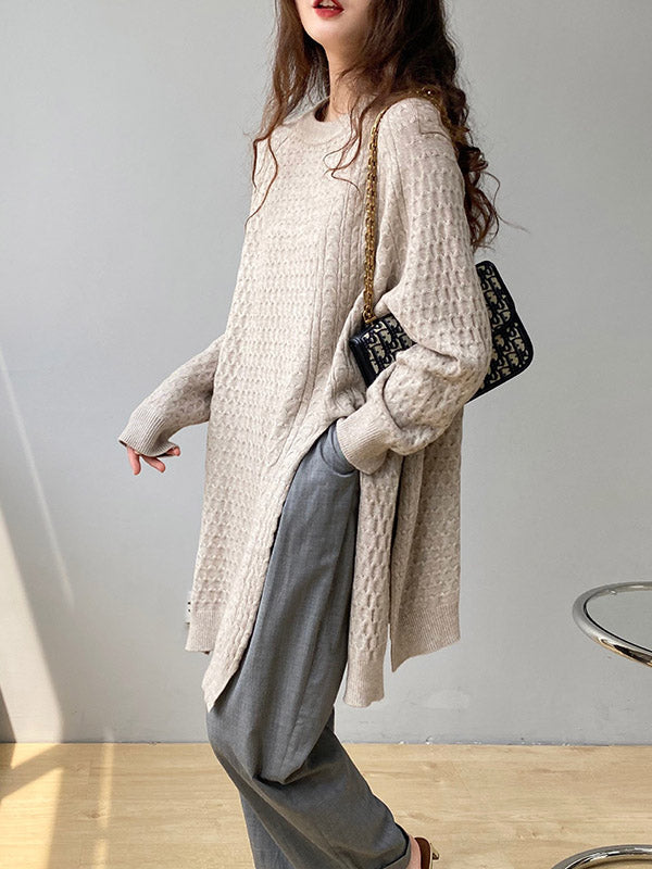 Retro Oatmeal Round-Neck Split-Side Long Sleeve Twist Knit Sweater AN1045