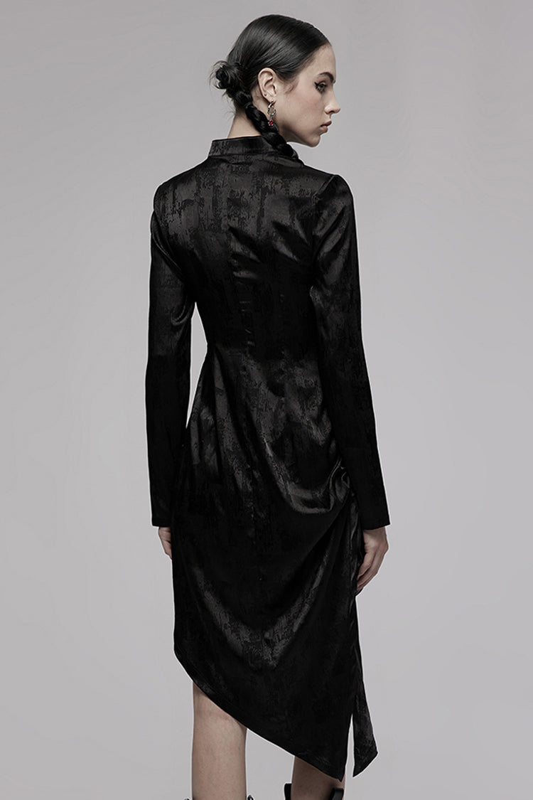 Punk Cheongsam Dress in Black Jacquard Cotton with Pointed Hem and Drawstring