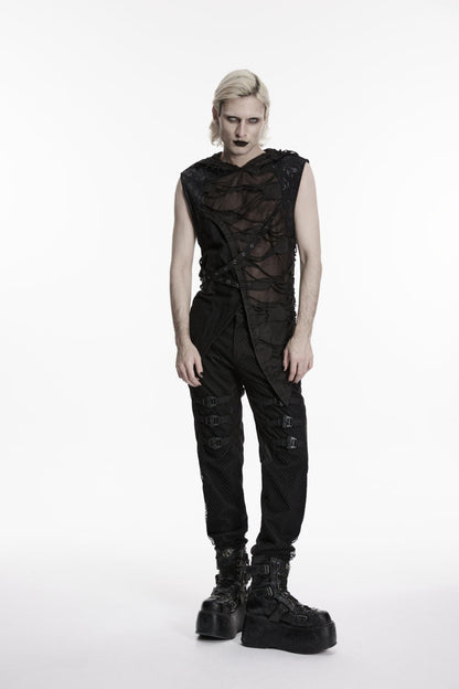 No-Sleeve Lace-Up Sheer Asymmetric Eyelet Punk Waistcoat