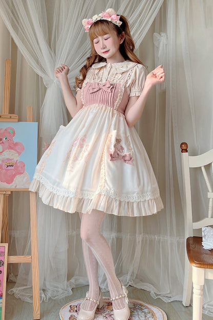 Sweet Lolita JSK Gown with Bear Print, Ruffled Bow & High Waisted Cut