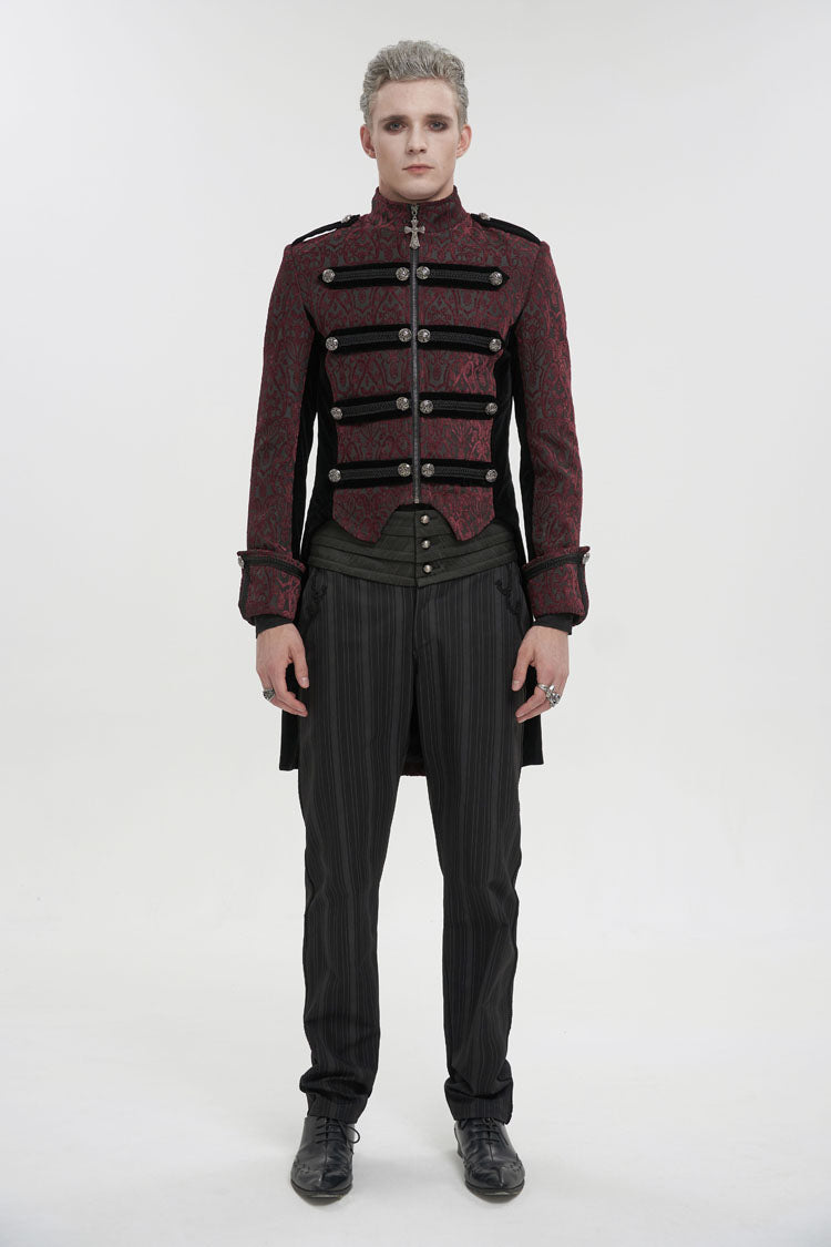 Crimson Vintage Gothic Jacket with Silk Collar and Cross Zipper