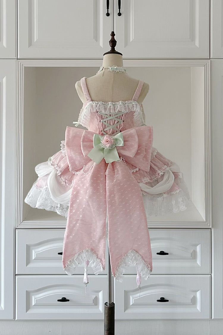 Blush Sleeveless Embroidered Bow Lace Pearl JSK with Ruffles - Honey Rose